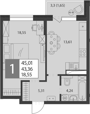 Продается 1-комн. квартира, 41.71 м²