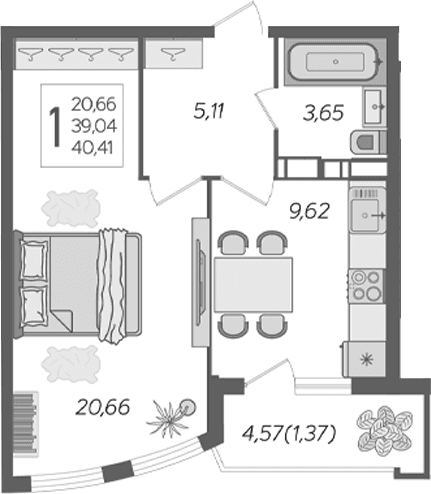 Продается 1-комн. квартира, 41.98 м²