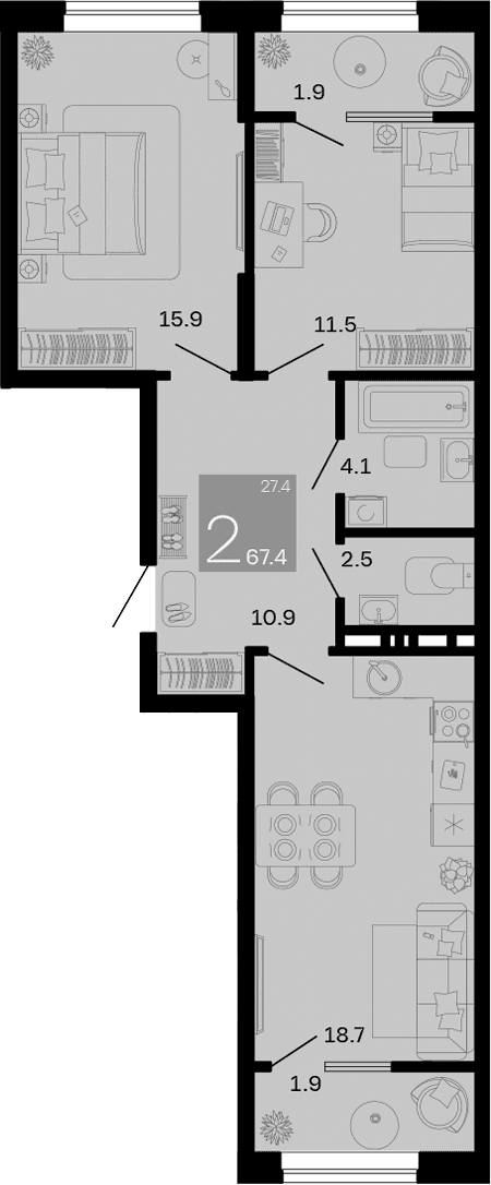 Продается 2-комн. квартира, 63.6 м²