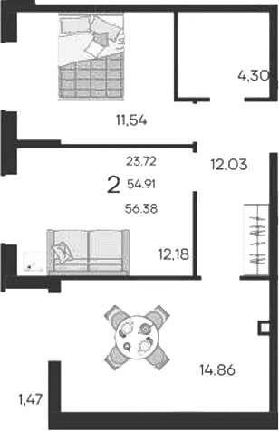 Продается 2-комн. квартира, 54.91 м²
