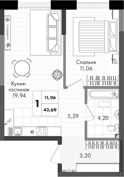 Продается 2-комн. квартира, 43.69 м²