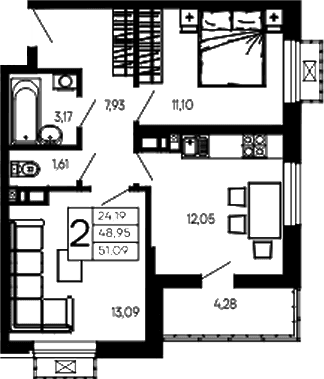 Продается 2-комн. квартира, 48.95 м²