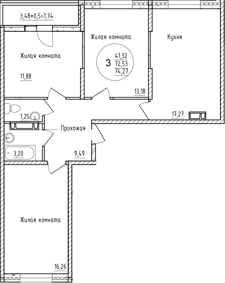 Продается 3-комн. квартира, 72.53 м²