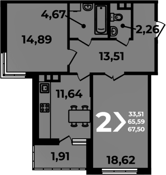 Продается 2-комн. квартира, 65.59 м²