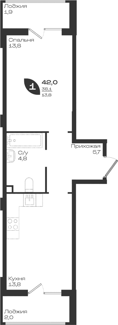 Продается 1-комн. квартира, 38.1 м²