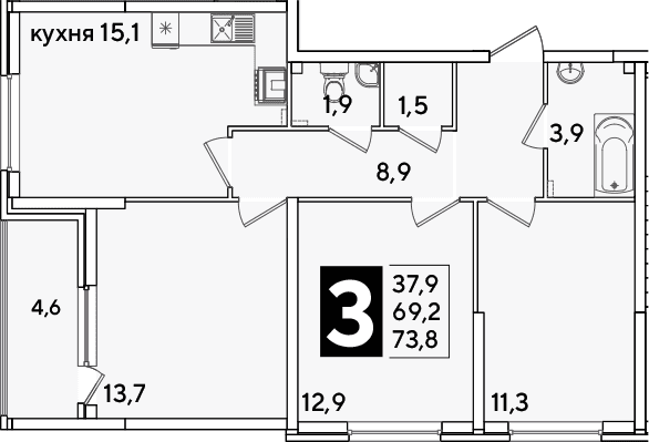 Продается 4-комн. квартира, 69.2 м²