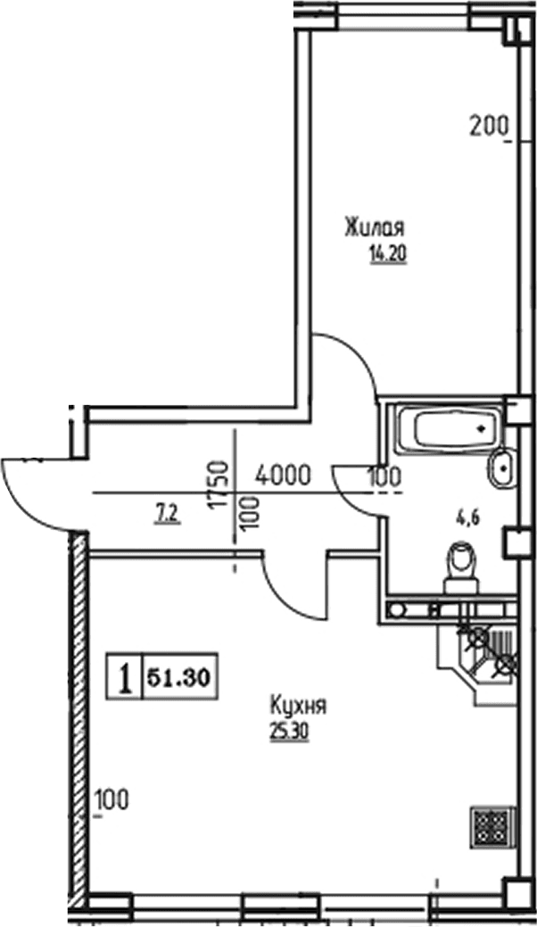 Продается 1-комн. квартира, 51.26 м²