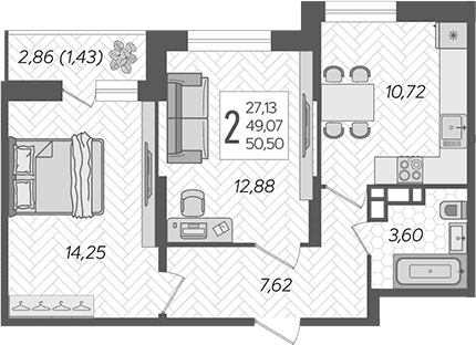 Продается 2-комн. квартира, 49.07 м²