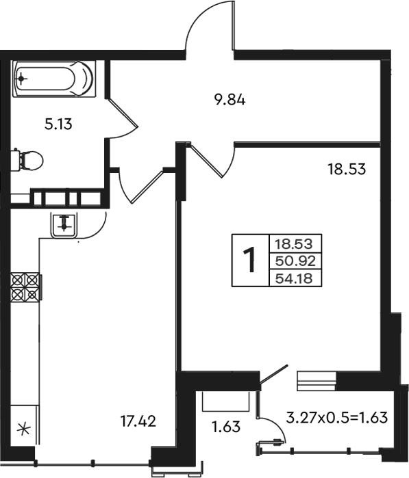 Продается 1-комн. квартира, 50.92 м²