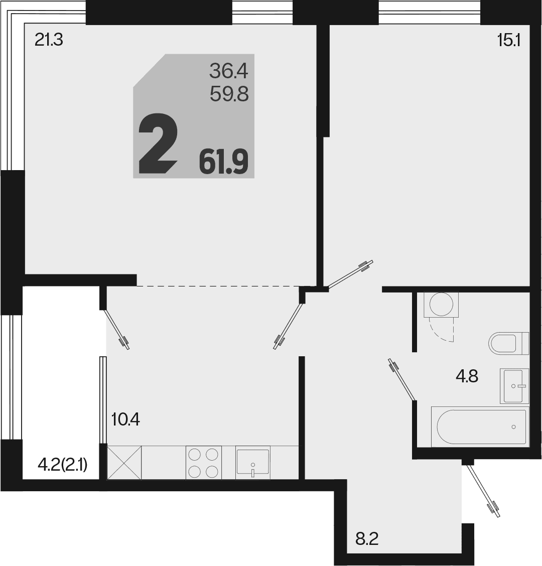 Продается 2-комн. квартира, 59.8 м²