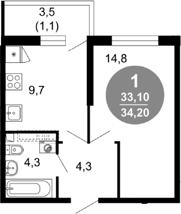 Продается 1-комн. квартира, 33.1 м²