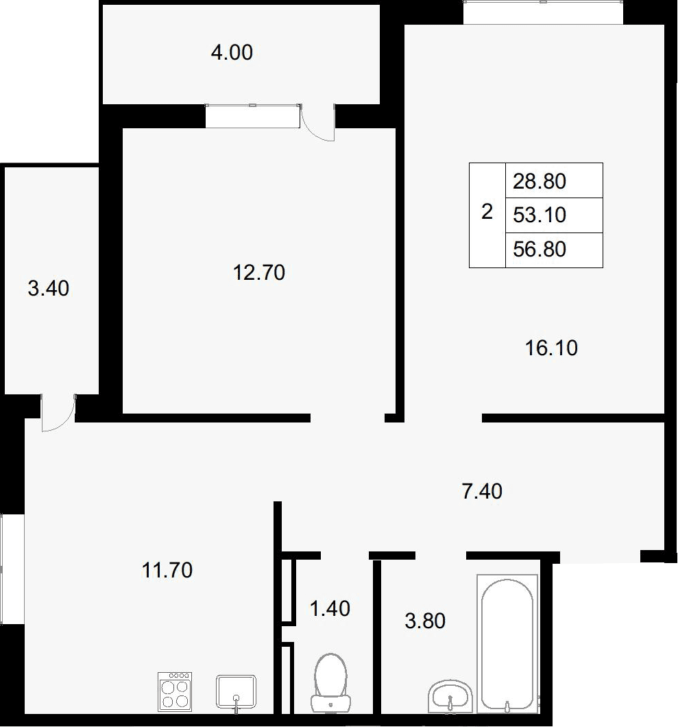 Продается 2-комн. квартира, 53.1 м²