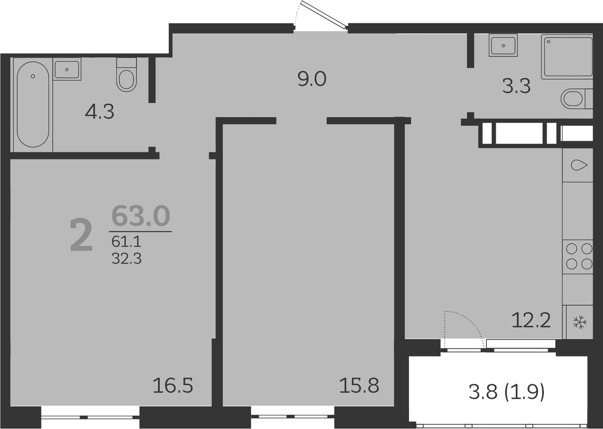 Продается 2-комн. квартира, 61.1 м²