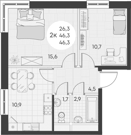 Продается 2-комн. квартира, 46.3 м²