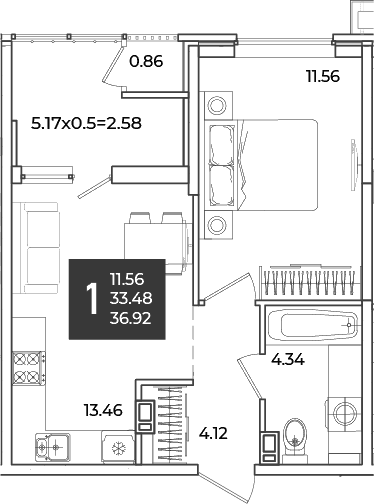 Продается 1-комн. квартира, 33.48 м²