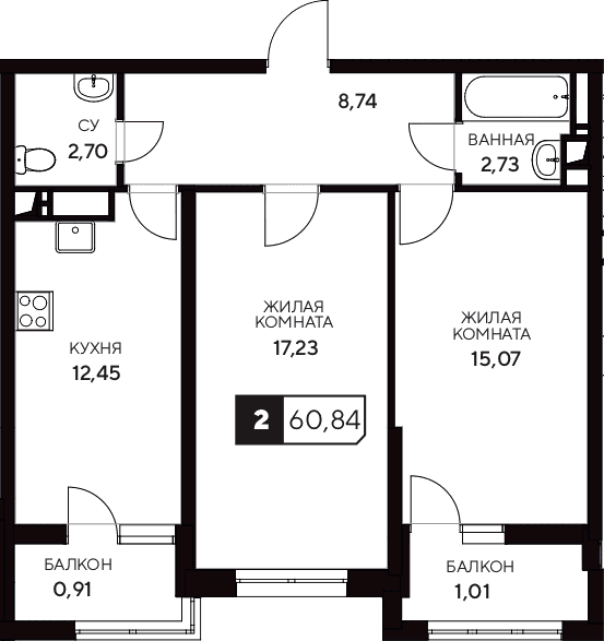 Продается 2-комн. квартира, 58.92 м²