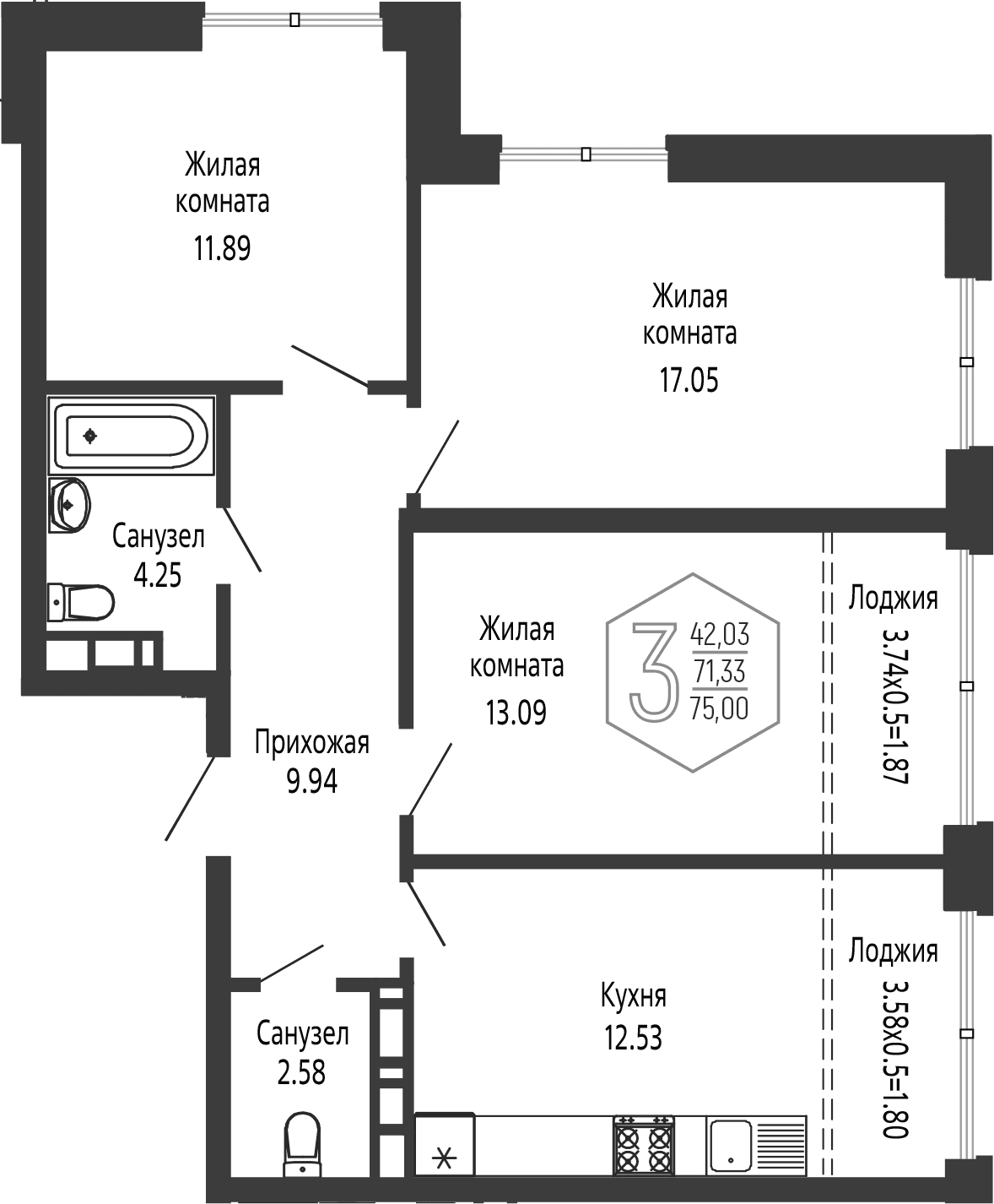 Продается 3-комн. квартира, 71.33 м²