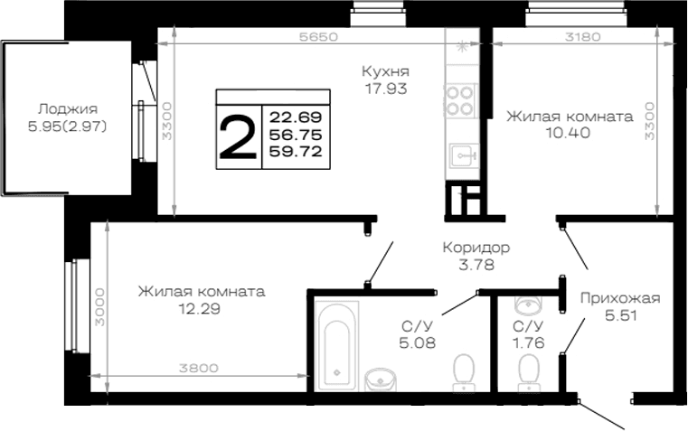 Продается 2-комн. квартира, 56.75 м²