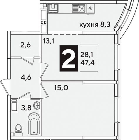 Продается 2-комн. квартира, 47.4 м²