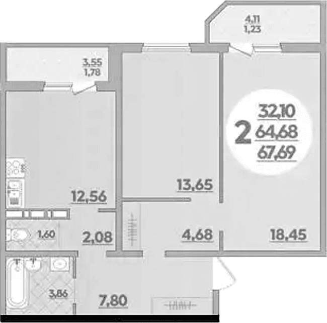 Продается 2-комн. квартира, 64.68 м²