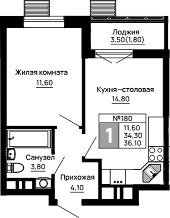 Продается 1-комн. квартира, 34.3 м²