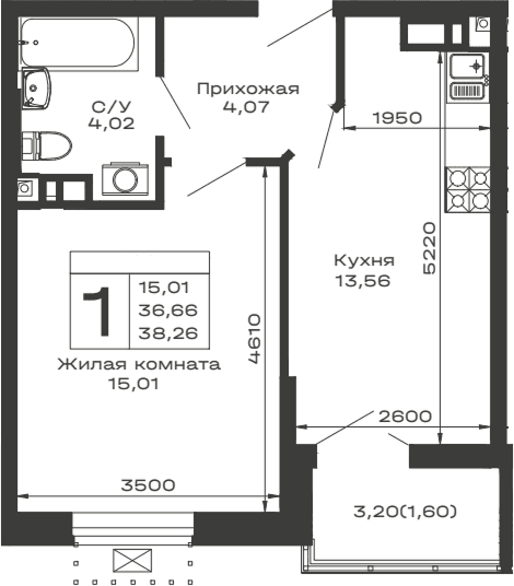 Продается 1-комн. квартира, 36.66 м²
