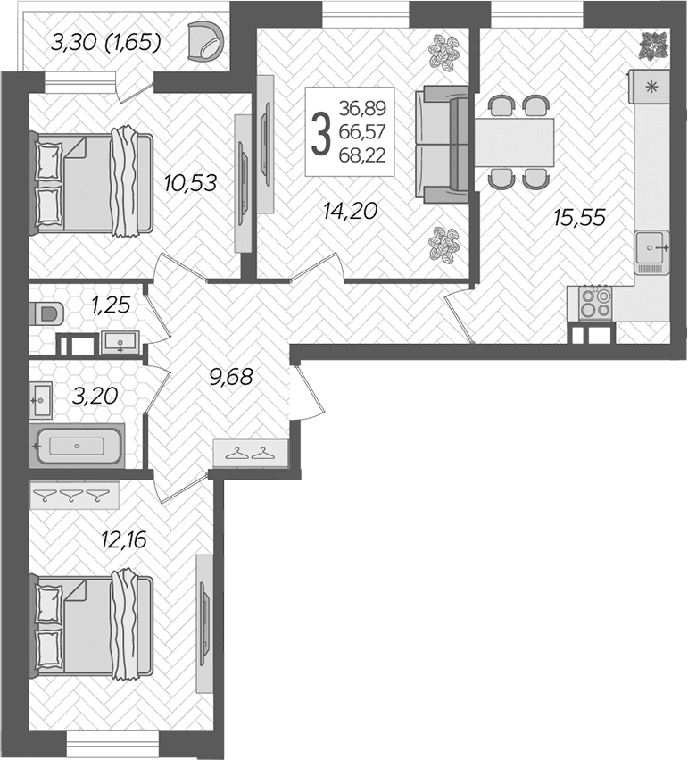 Продается 3-комн. квартира, 66.57 м²