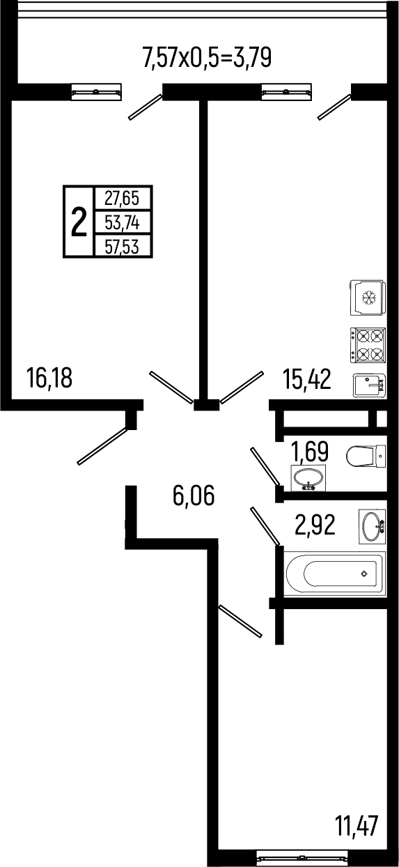 Продается 2-комн. квартира, 53.74 м²
