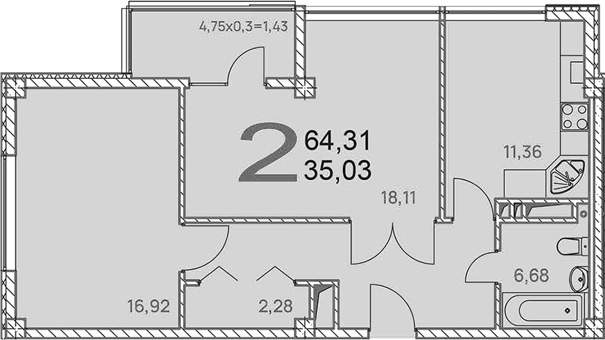Продается 2-комн. квартира, 62.88 м²