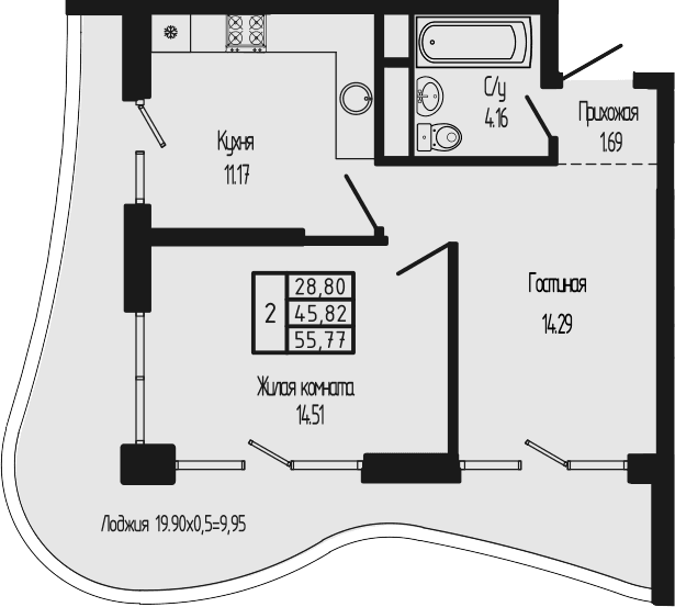 Продается 2-комн. квартира, 45.82 м²