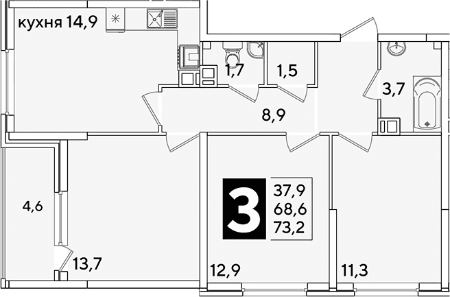 Продается 3-комн. квартира, 68.6 м²