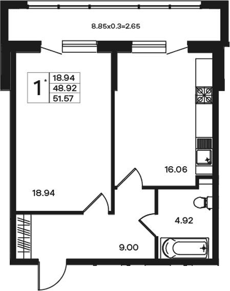 Продается 1-комн. квартира, 48.92 м²