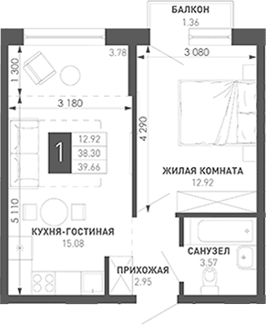Продается 1-комн. квартира, 39.07 м²