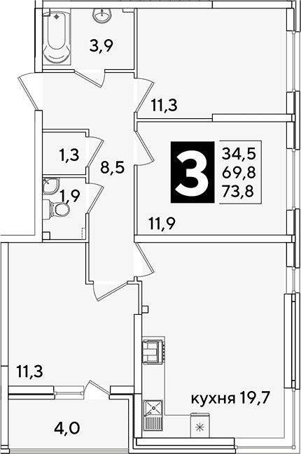 Продается 4-комн. квартира, 69.8 м²