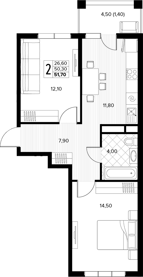 Продается 2-комн. квартира, 50.3 м²