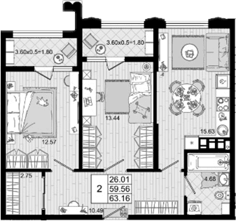 Продается 2-комн. квартира, 59.56 м²