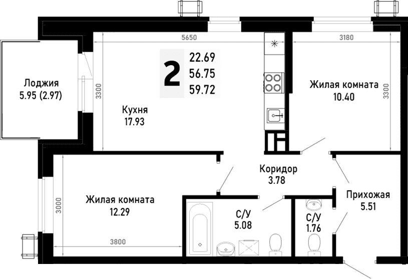 Продается 2-комн. квартира, 56.75 м²