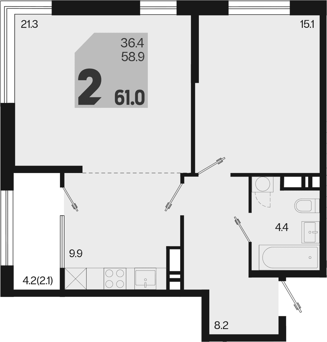 Продается 2-комн. квартира, 58.9 м²