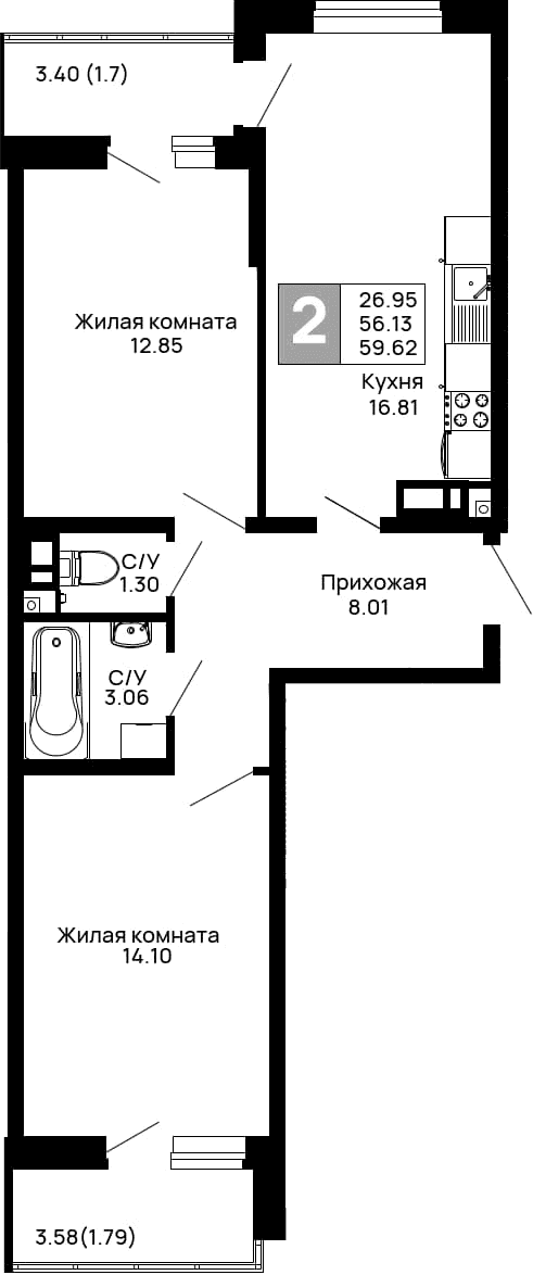 Продается 2-комн. квартира, 56.13 м²