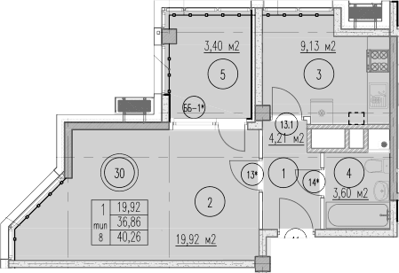 Продается 1-комн. квартира, 36.86 м²