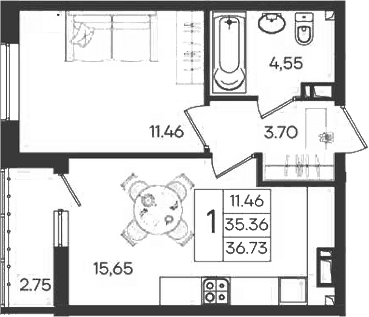 Продается 1-комн. квартира, 35.36 м²