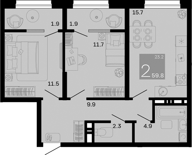 Продается 2-комн. квартира, 56 м²