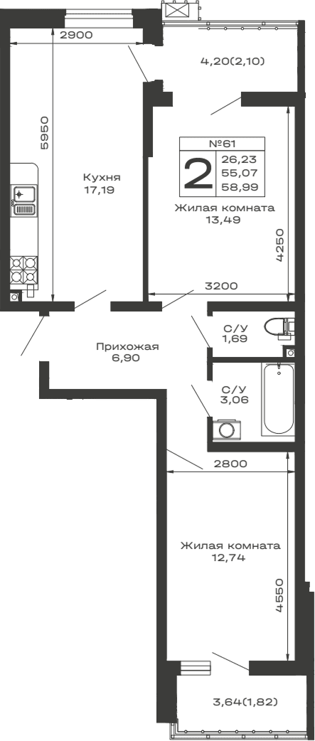 Продается 2-комн. квартира, 55.07 м²