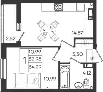 Продается 1-комн. квартира, 32.98 м²