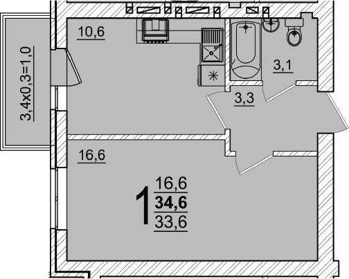 Продается 1-комн. квартира, 33.6 м²