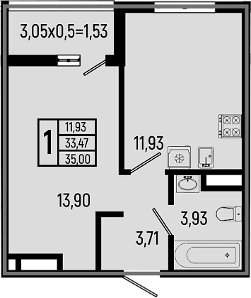 Продается 1-комн. квартира, 33.47 м²