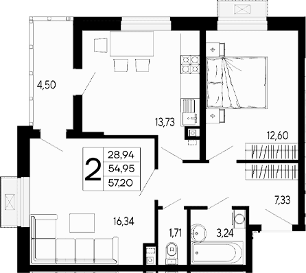 Продается 2-комн. квартира, 54.94 м²