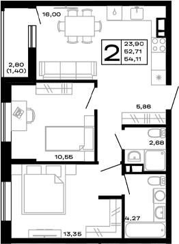 Продается 2-комн. квартира, 52.71 м²