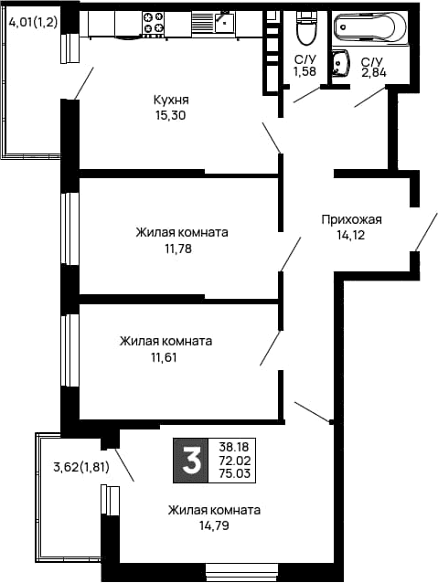 Продается 3-комн. квартира, 72.02 м²