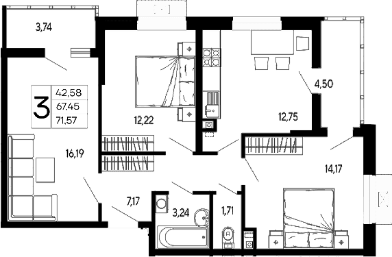 Продается 3-комн. квартира, 67.45 м²